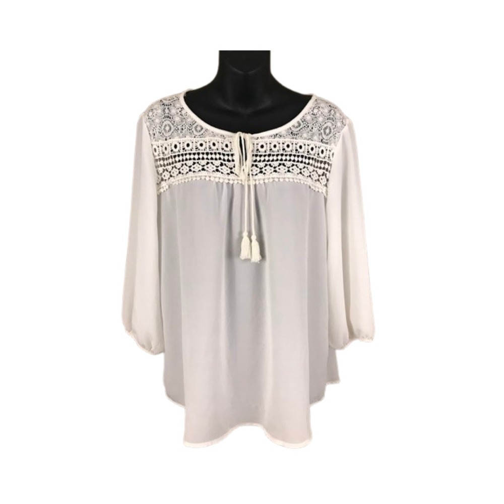 NAIF White Sheer Lace Trim Tassel Tie Blouse Women Long Sleeve Casual Top Size L